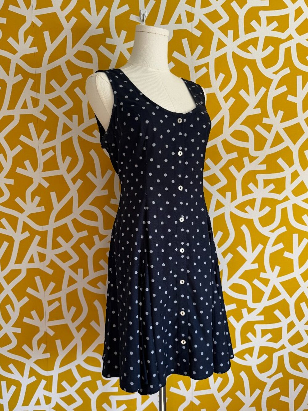 Old Navy Blue White Polka Dot Scoopneck Button Short A-Line Skirt Dress - S/M